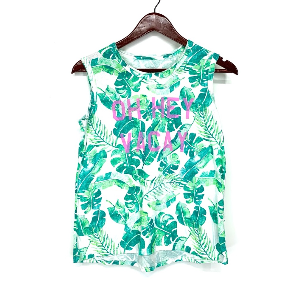 Girls More Than Magic Green Tropical Leaf Tank Top Pink Oh Hey Vacay Slogan Nwot